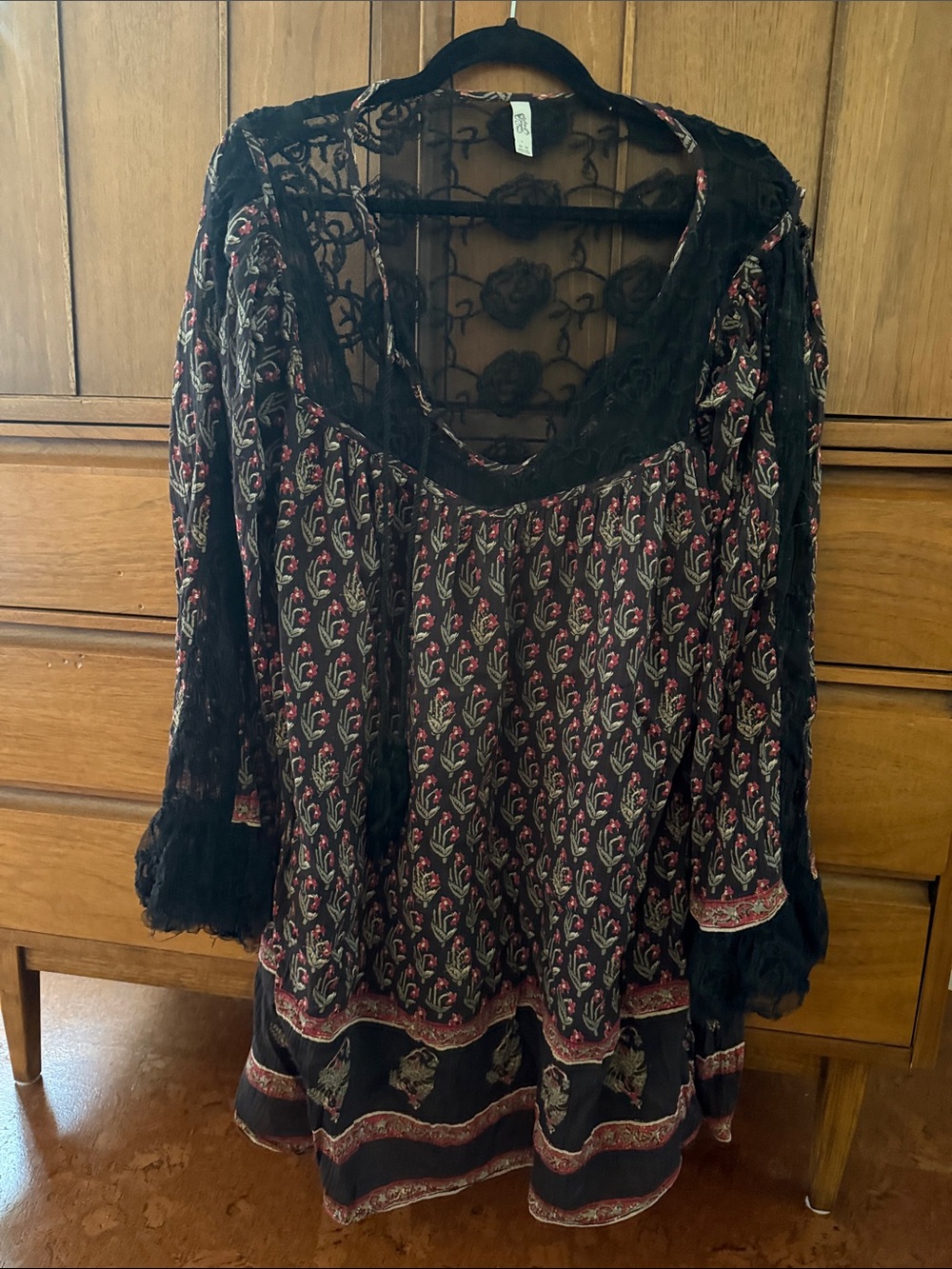 Free People Black Floral Lace-Trim Boho Tunic Dress
